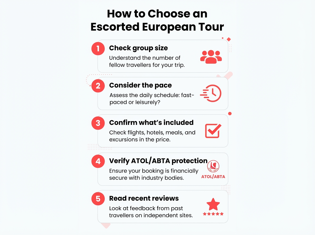 Infographic showing five steps to choosing an escorted European tour