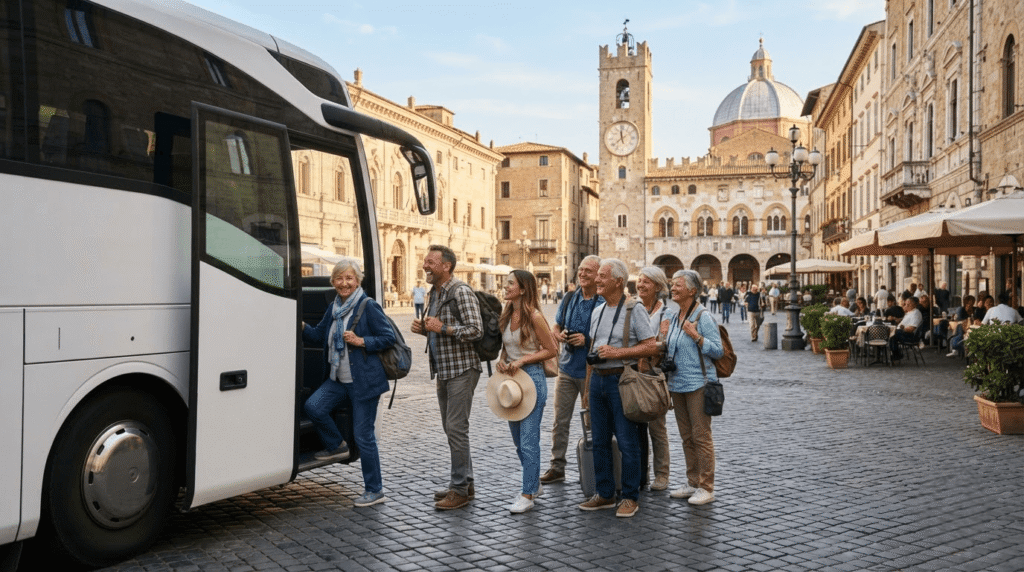 Escorted European tour group boarding a coach outside a European landmark