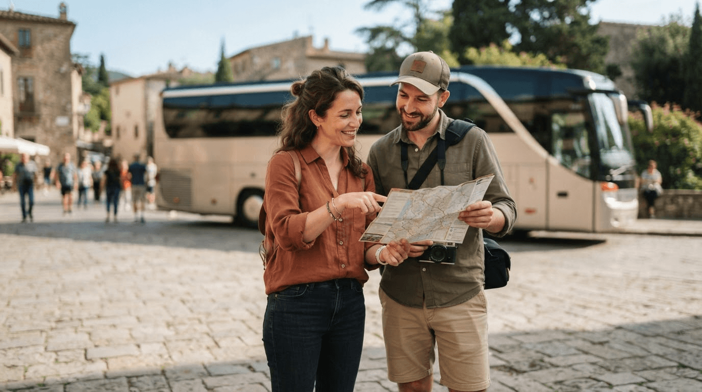 Couple reviewing a European tour itinerary map with a coach parked in the background