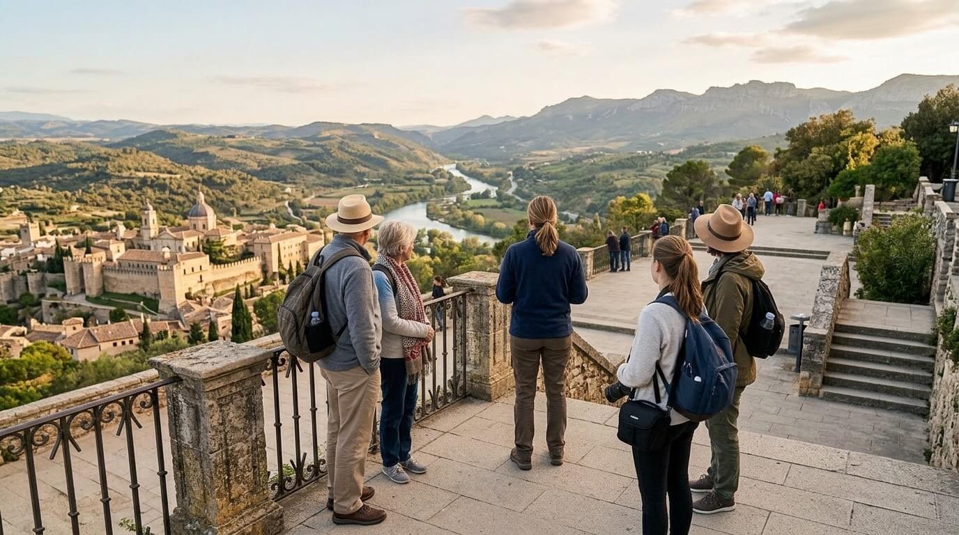 Travellers on an escorted worldwide tour taking in a famous landmark with their Tour Manager nearby