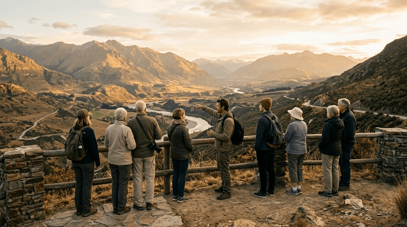 Group of travellers with a Tour Manager at a scenic viewpoint on an escorted worldwide tour