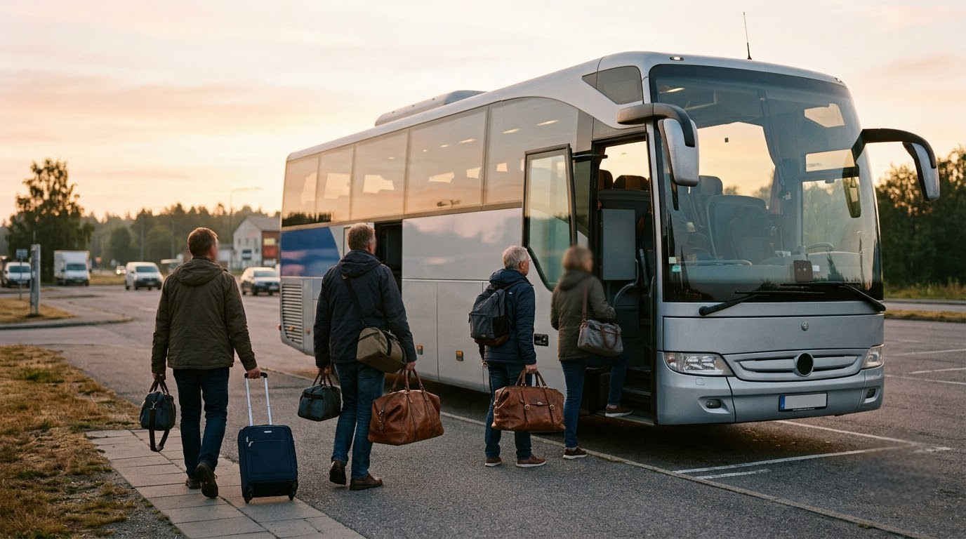 Travellers boarding a touring coach at sunrise at the start of an escorted worldwide coach tour