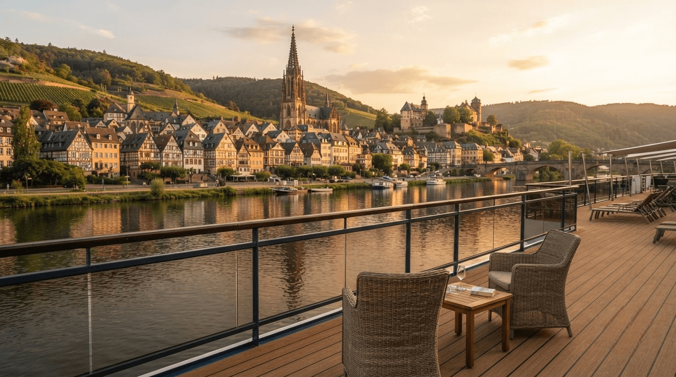 View of a historic European riverside town from the deck of a river cruise ship