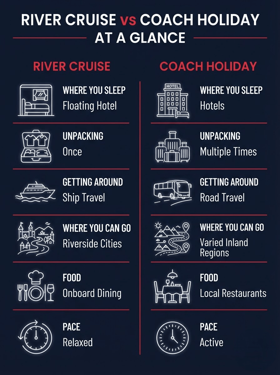 Infographic comparing an escorted European river cruise with a coach holiday at a glance