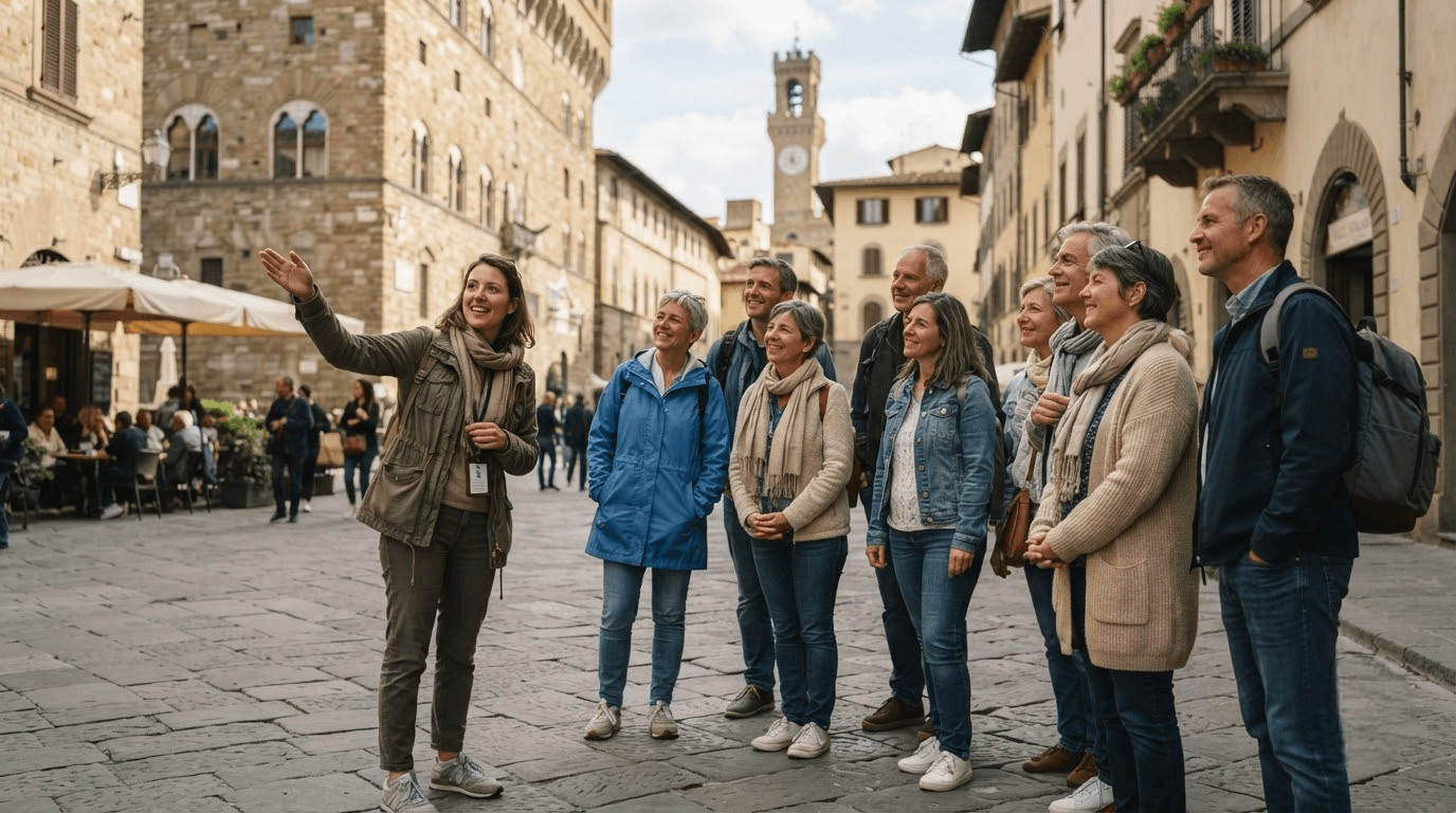 Small group of travellers listening to their tour manager during a guided stop on a European coach tour