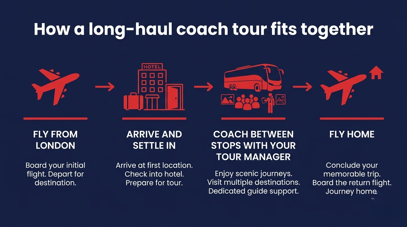 Infographic showing how a long-haul coach tour is put together: fly in, coach between stops, fly home