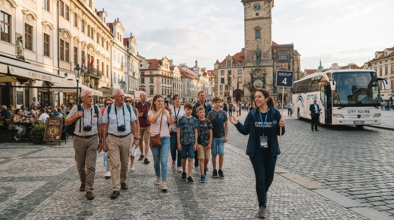 Small group of UK travellers on an escorted European tour with a local guide