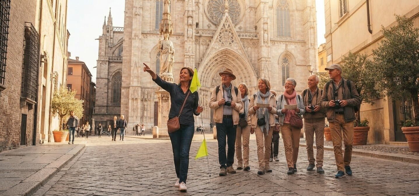 Escorted European tour group with guide in Europe