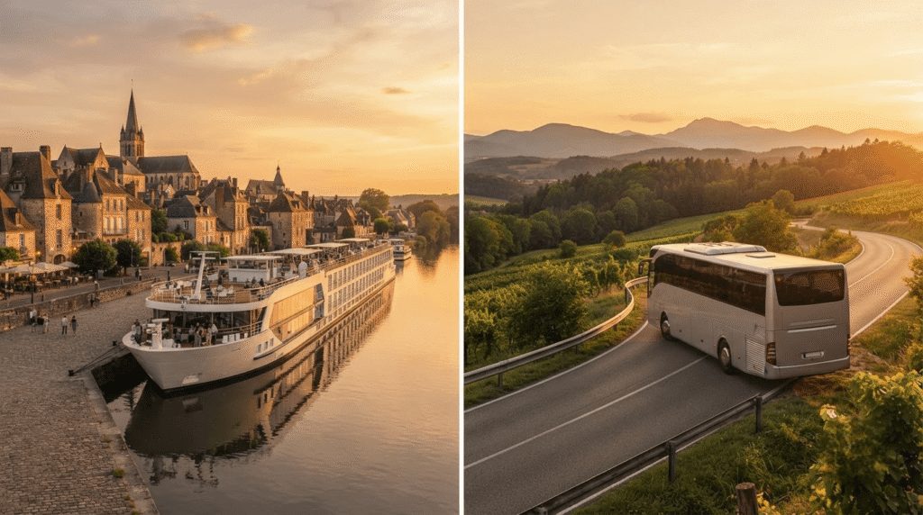 River cruise ship beside a European town compared with a touring coach on an escorted holiday
