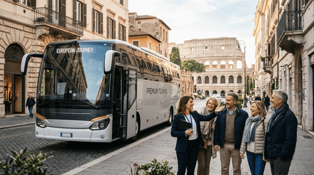Red Tours coach and Tour Manager greeting guests on an escorted European tour from London