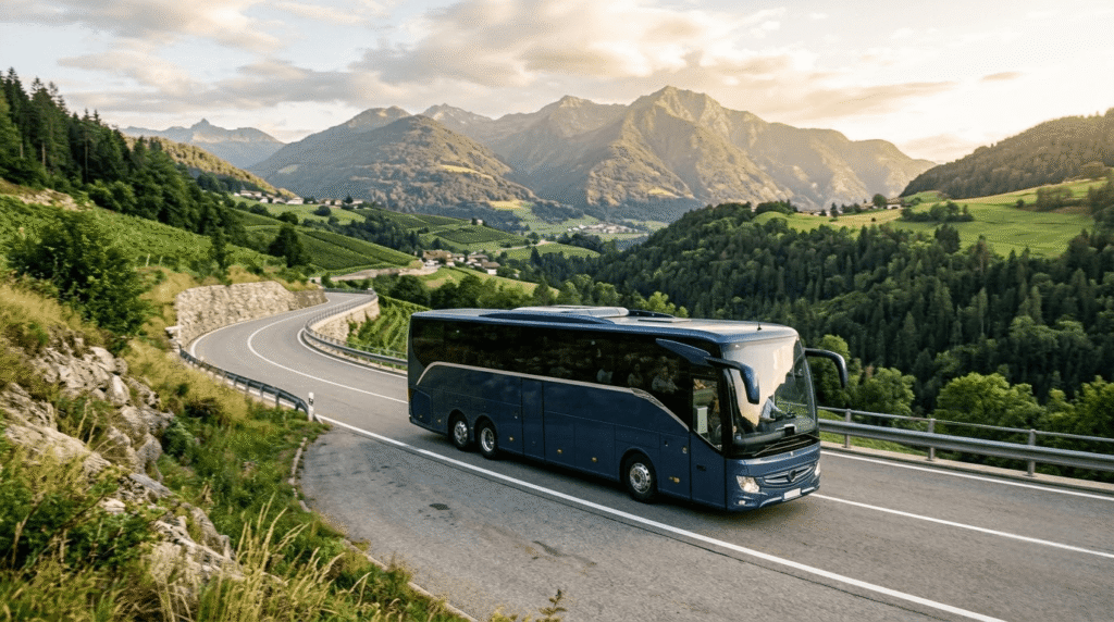Premium touring coach on a scenic European road on an escorted coach tour from London
