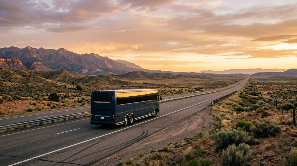 Touring coach on a long scenic road on an escorted worldwide coach tour